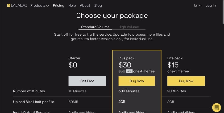 Lalai.ai - Standard Volume Pricing options