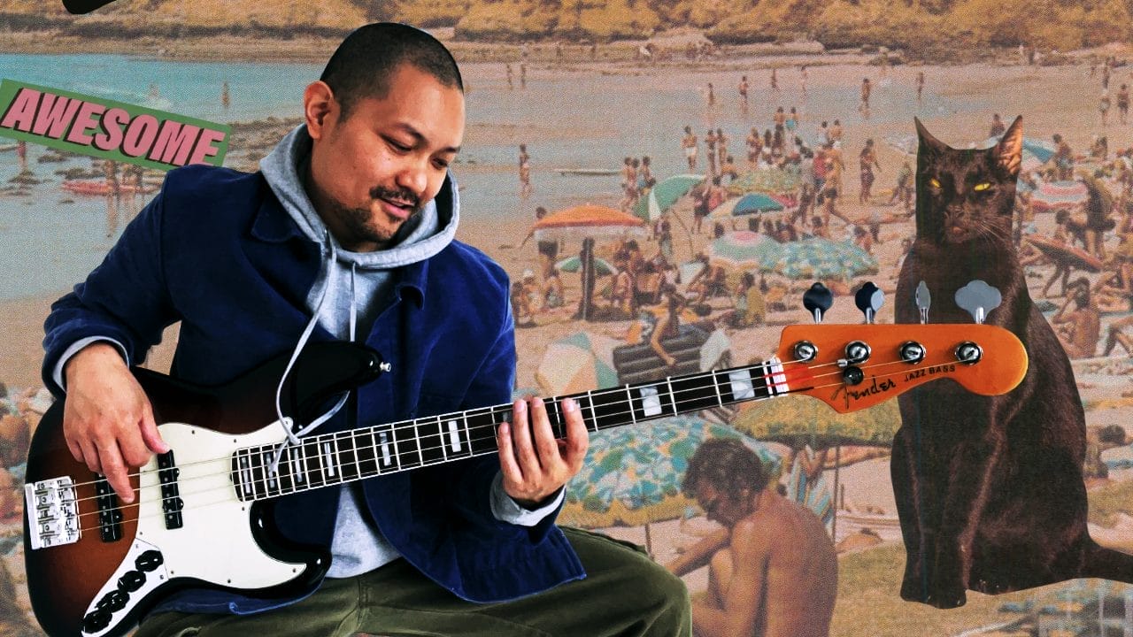 Posido Vega playing chord melody on the bass guitar
