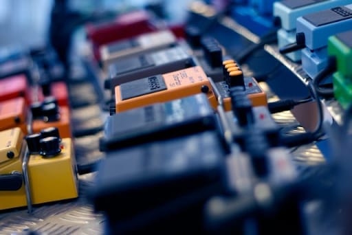 Boss effects pedals on a pedalboard