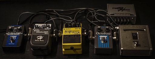 Effects pedals on a pedalboard