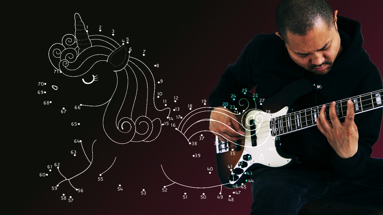 Guide Tones - Image of connect the dots unicorn and Posido Vega playing the bass guitar