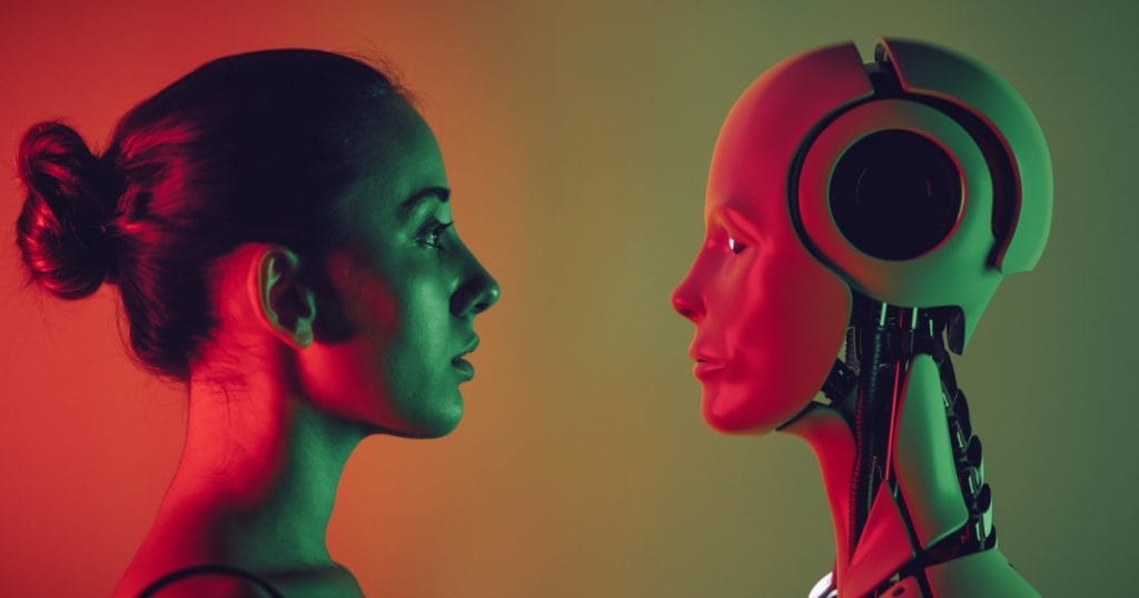 Robot and woman face to face.
