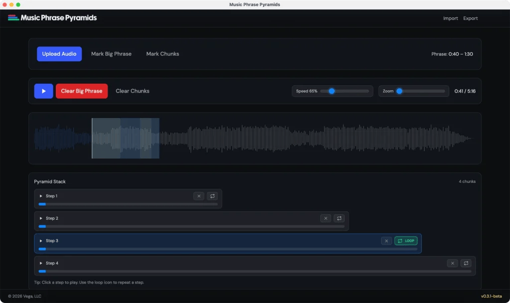 Music Phrase Pyramids - A desktop ear-training tool that helps musicians learn real phrases through progressive chunking