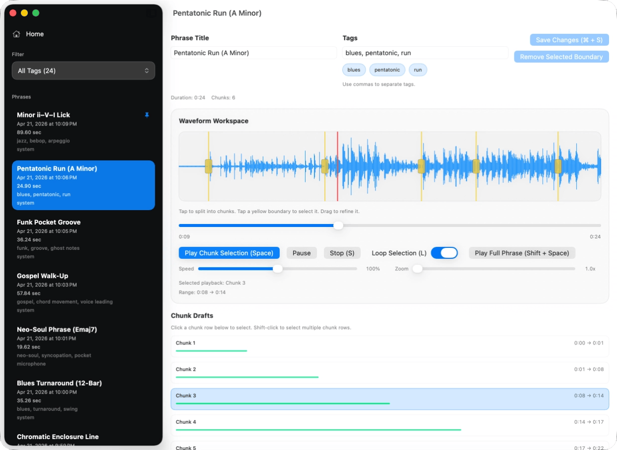 Music Phrase Pyramids app interface — step-by-step phrase practice